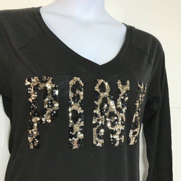 PINK Victoria Secret Leopard Print Sequence Black Long Sleeve Top Size XS - Picture 2 of 5